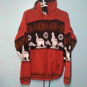 Yari Artesanias Wool Sweater Jacket Full Zip Llama Fair Isle Red Unisex L/XL